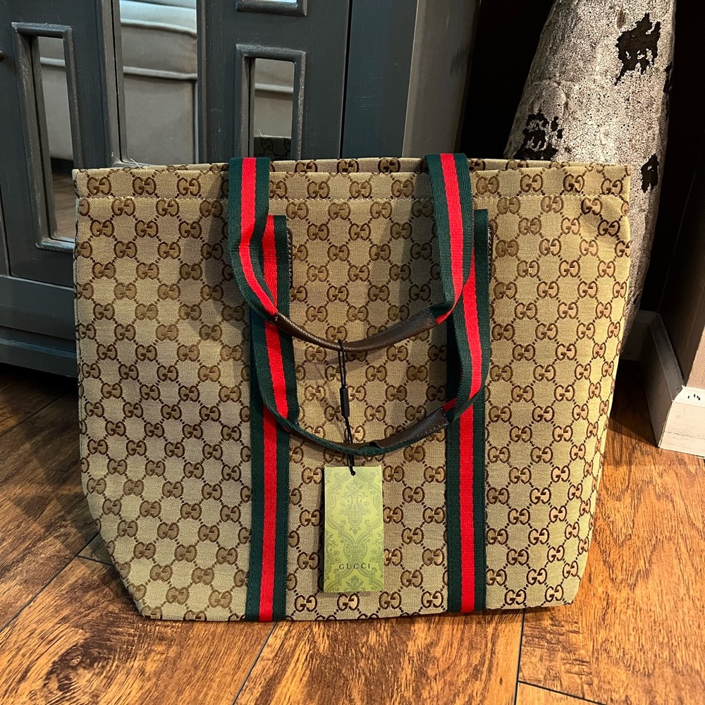 Gucci Beige Canvas Large Tote with Red and Green Accents
